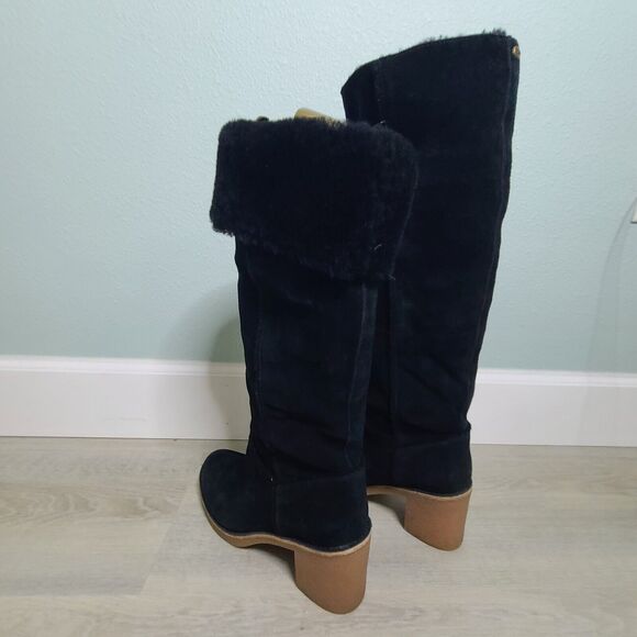 UGG Australia Kasen Boots Tall Black Suede Heeled Sheepskin Lined Womens SZ 9.5 - Picture 4 of 10